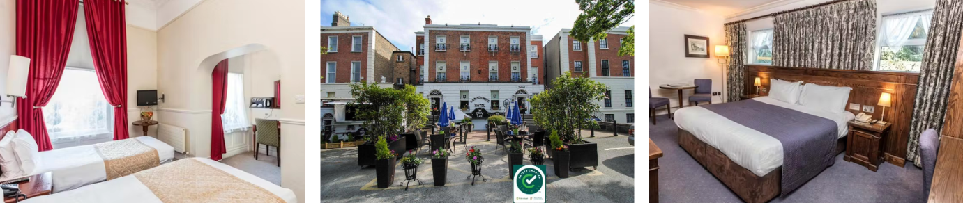 Images of bedrooms and the front of the Lansdowne Hotel in Dublin